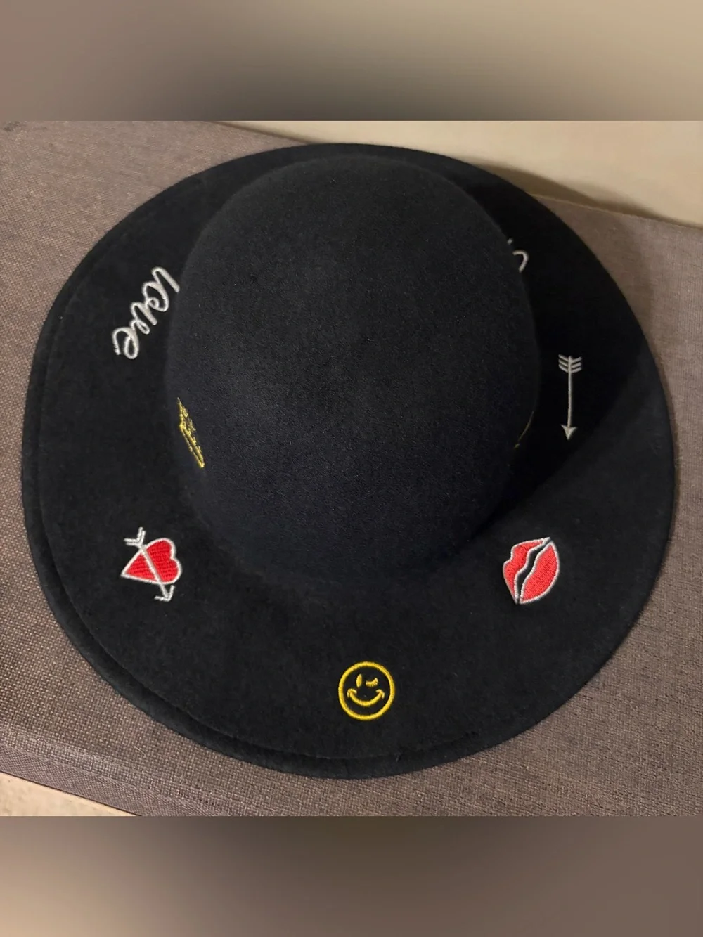 Black Embroidered Felt Hat with Patches